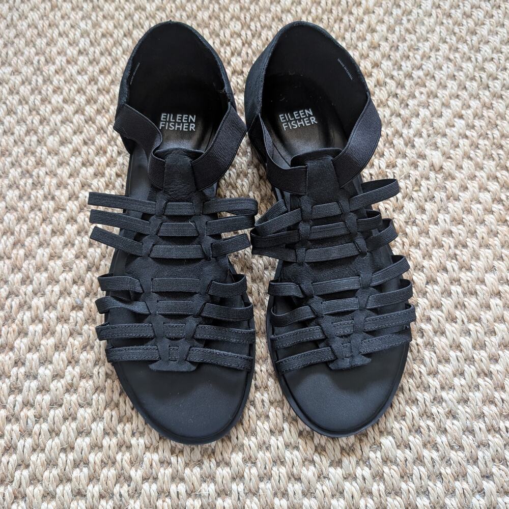 EILEEN FISHER Rato Stretch Slip-On Fisherman Sandals, Black, size 7, NWOB